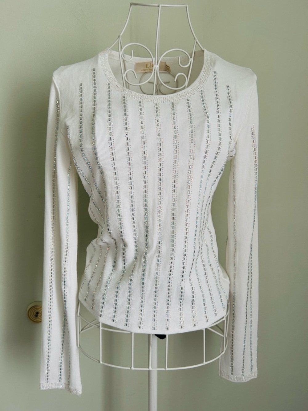 Lizette collection Sequin-Stripe Long Sleeve Top - White